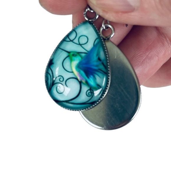 NEW Blue Hummingbird Water Drop Shape Glass Stainless Steel Drop Hook Earrings - Picture 7 of 9